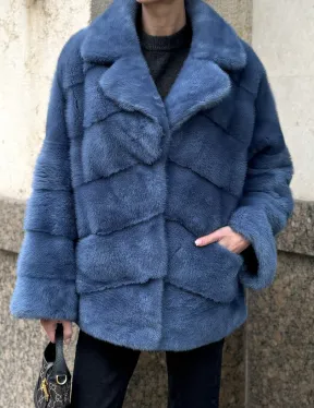 Короткая норковая шуба в цвете джинс с английским воротником
