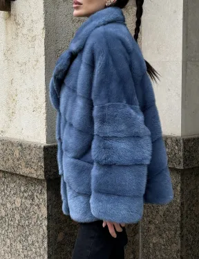 Короткая норковая шуба в цвете джинс с английским воротником