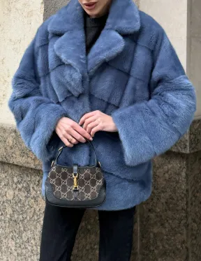 Короткая норковая шуба в цвете джинс с английским воротником