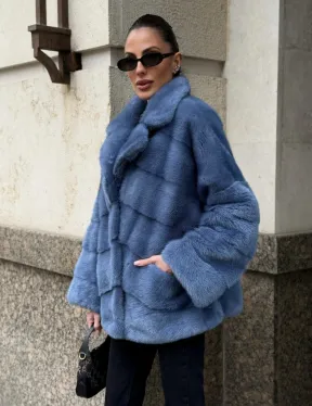 Короткая норковая шуба в цвете джинс с английским воротником