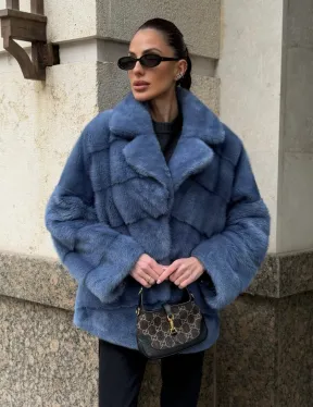 Короткая норковая шуба в цвете джинс с английским воротником