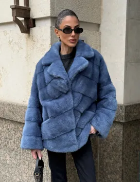 Короткая норковая шуба в цвете джинс с английским воротником