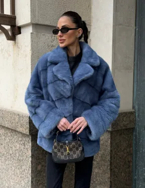 Короткая норковая шуба в цвете джинс с английским воротником