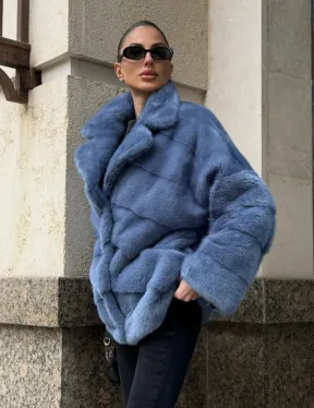 Короткая норковая шуба в цвете джинс с английским воротником