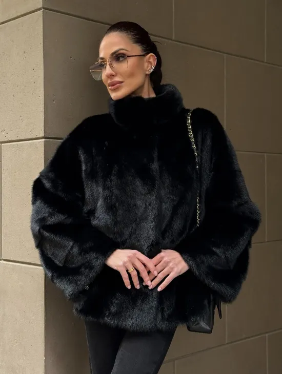 Норковый полушубок черного цвет стойка воротник