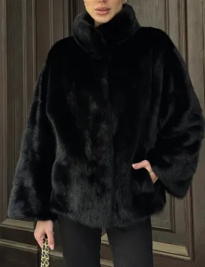 Норковый полушубок черного цвет стойка воротник