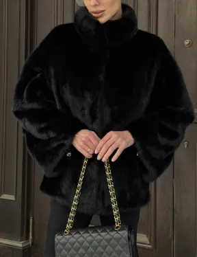 Норковый полушубок черного цвет стойка воротник