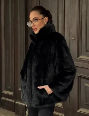 Норковый полушубок черного цвет стойка воротник