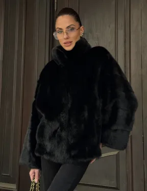Норковый полушубок черного цвет стойка воротник