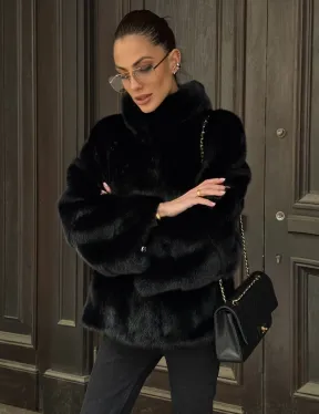 Норковый полушубок черного цвет стойка воротник