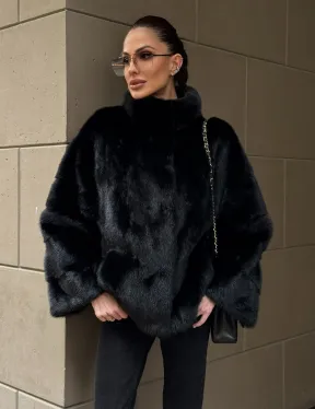 Норковый полушубок черного цвет стойка воротник