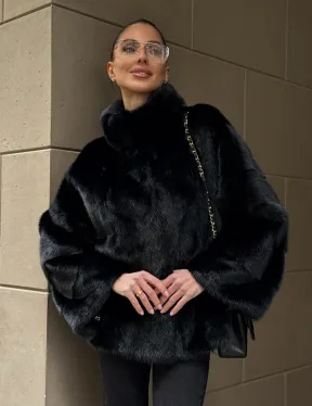 Норковый полушубок черного цвет стойка воротник