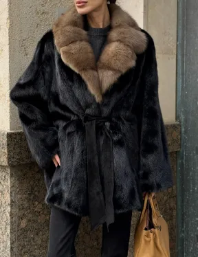 Черный норковый полушубок - кимоно с воротником из меха куницы