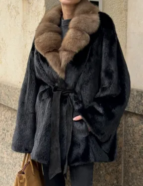 Черный норковый полушубок - кимоно с воротником из меха куницы