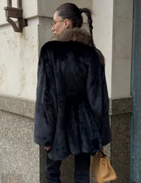 Черный норковый полушубок - кимоно с воротником из меха куницы