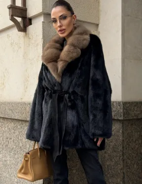 Черный норковый полушубок - кимоно с воротником из меха куницы