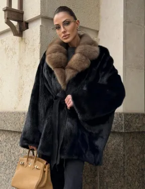 Черный норковый полушубок - кимоно с воротником из меха куницы