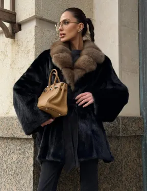 Черный норковый полушубок - кимоно с воротником из меха куницы