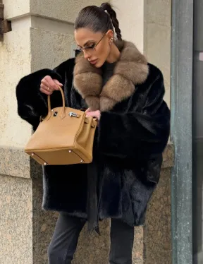 Черный норковый полушубок - кимоно с воротником из меха куницы