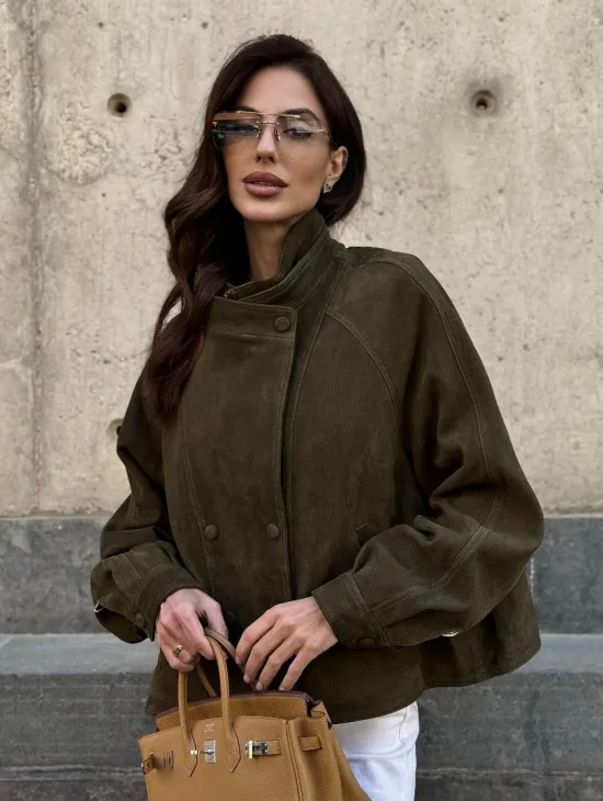 Женский замшевый блейзер - стойка воротник