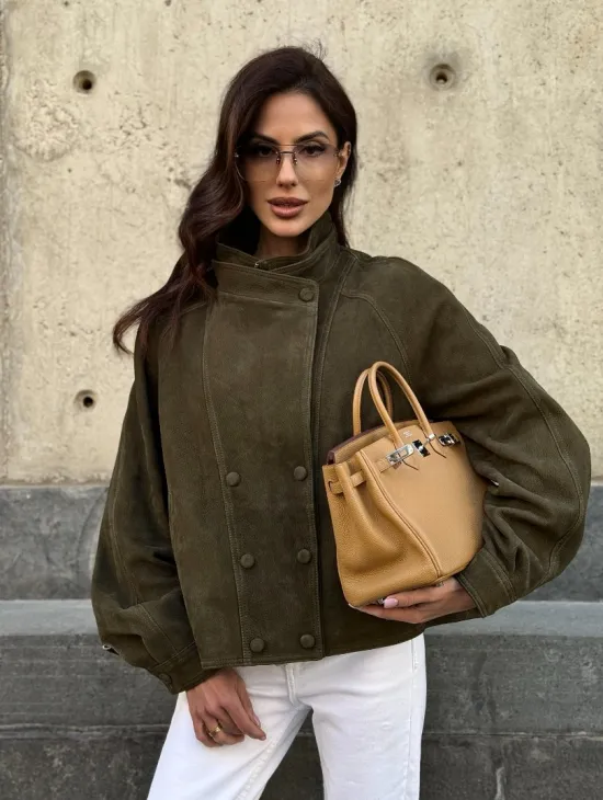 Женский замшевый блейзер - стойка воротник