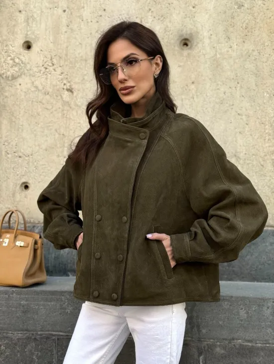 Женский замшевый блейзер - стойка воротник