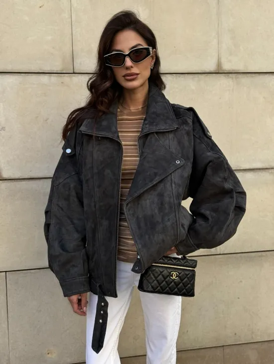 Бомбер оверсайз из замши Grey с двойным воротником и карманами