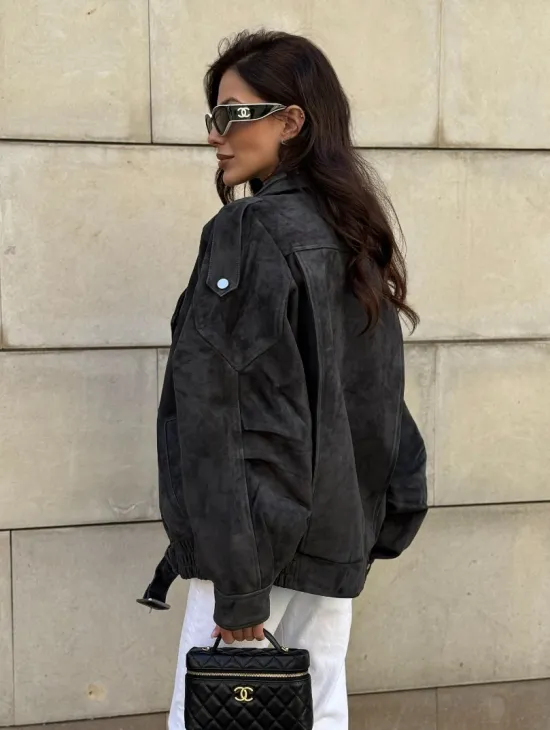 Бомбер оверсайз из замши Grey с двойным воротником и карманами