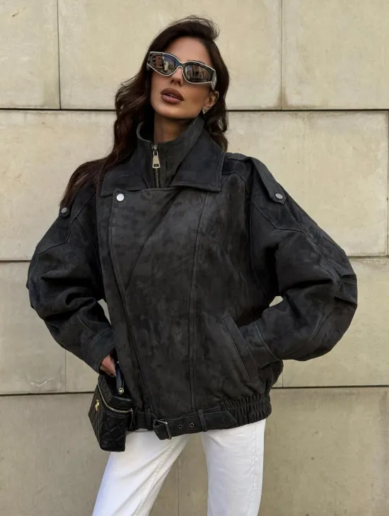 Бомбер оверсайз из замши Grey с двойным воротником и карманами