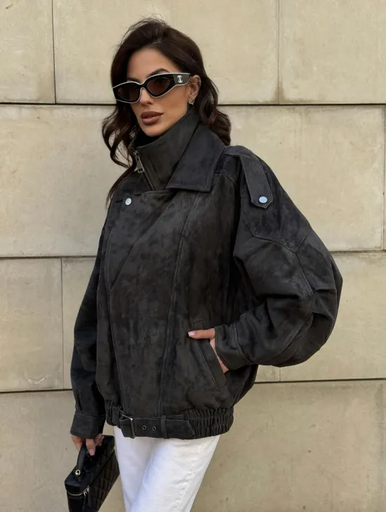 Бомбер оверсайз из замши Grey с двойным воротником и карманами