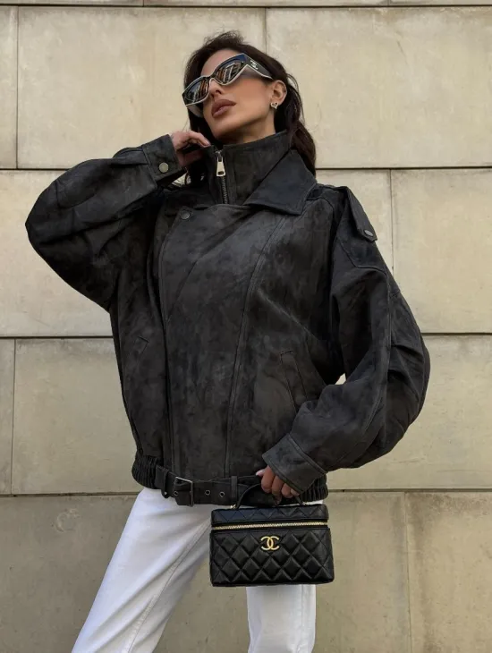 Бомбер оверсайз из замши Grey с двойным воротником и карманами