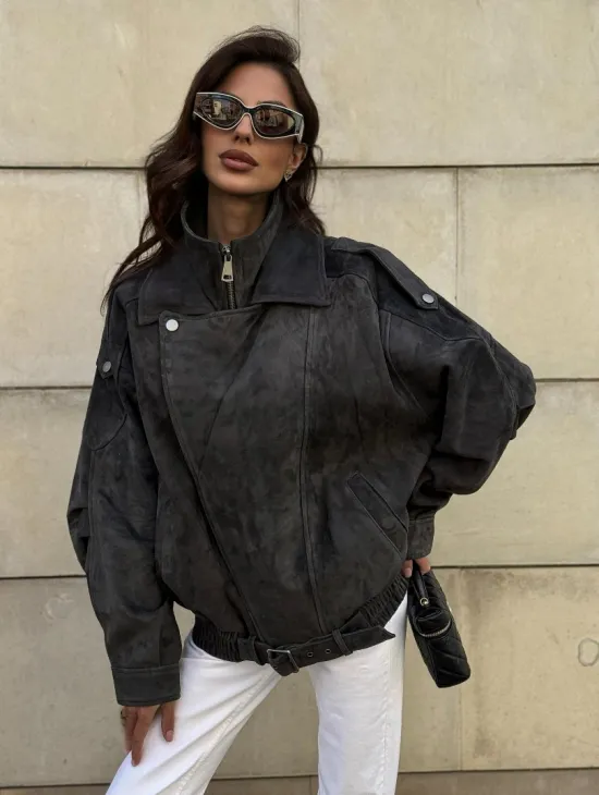 Бомбер оверсайз из замши Grey с двойным воротником и карманами