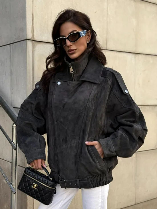 Бомбер оверсайз из замши Grey с двойным воротником и карманами