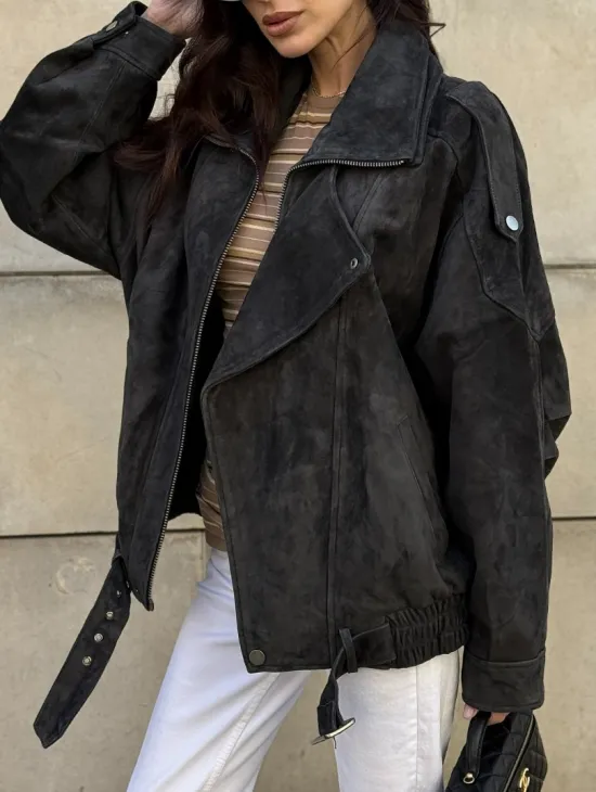 Бомбер оверсайз из замши Grey с двойным воротником и карманами