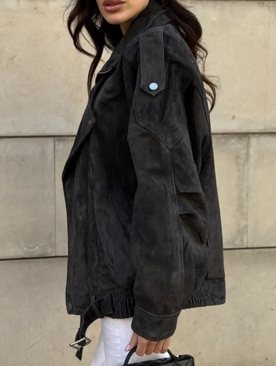 Бомбер оверсайз из замши Grey с двойным воротником и карманами