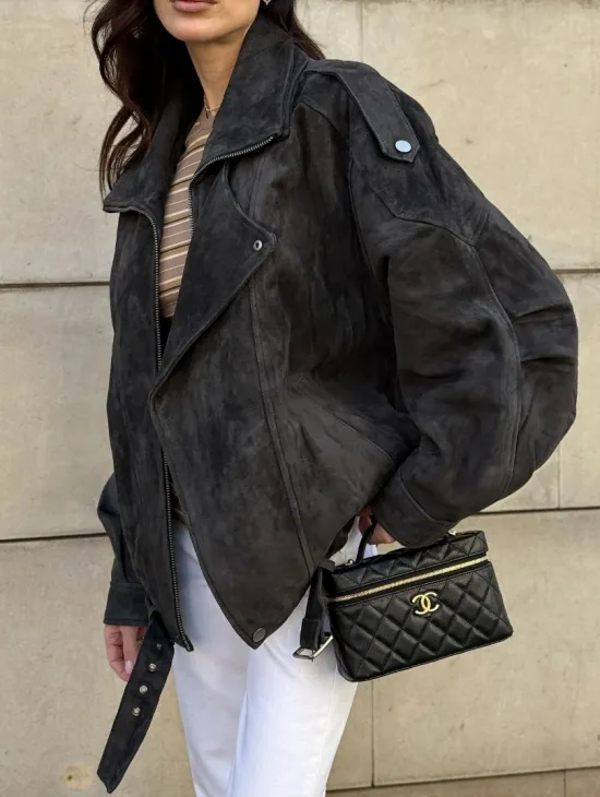 Бомбер оверсайз из замши Grey с двойным воротником и карманами