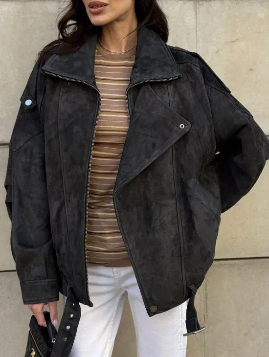 Бомбер оверсайз из замши Grey с двойным воротником и карманами