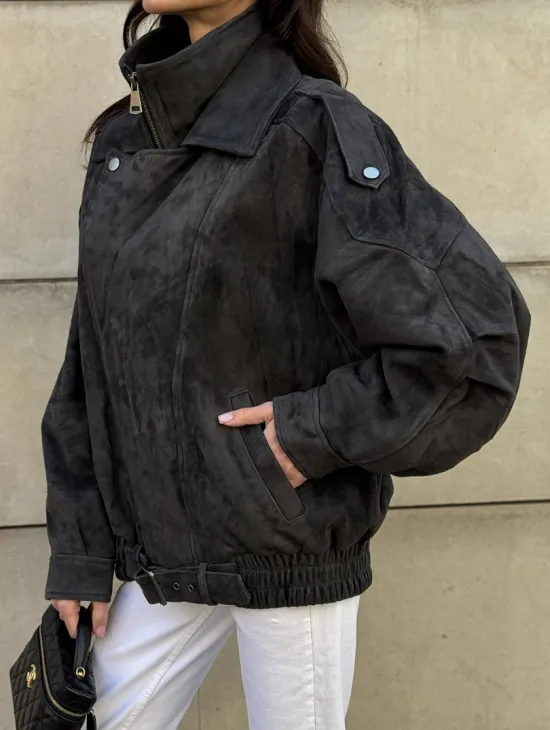 Бомбер оверсайз из замши Grey с двойным воротником и карманами