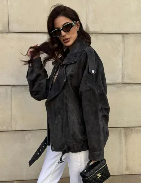 Бомбер оверсайз из замши Grey с двойным воротником и карманами