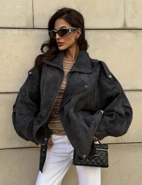 Бомбер оверсайз из замши Grey с двойным воротником и карманами