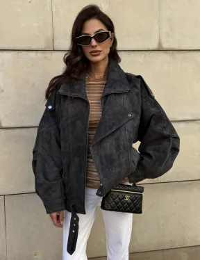 Бомбер оверсайз из замши Grey с двойным воротником и карманами