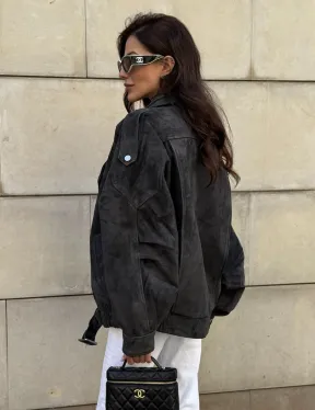 Бомбер оверсайз из замши Grey с двойным воротником и карманами