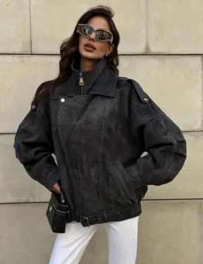 Бомбер оверсайз из замши Grey с двойным воротником и карманами