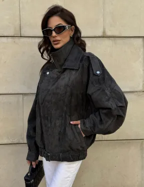 Бомбер оверсайз из замши Grey с двойным воротником и карманами