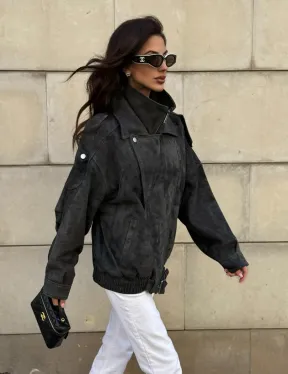 Бомбер оверсайз из замши Grey с двойным воротником и карманами