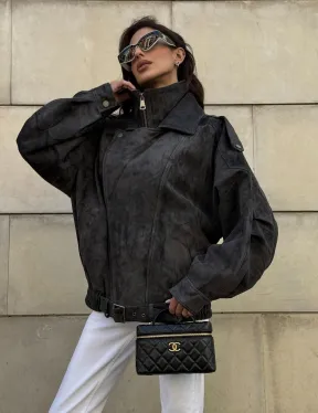 Бомбер оверсайз из замши Grey с двойным воротником и карманами