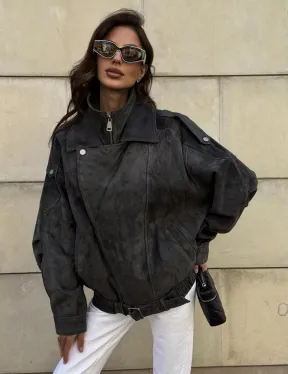 Бомбер оверсайз из замши Grey с двойным воротником и карманами