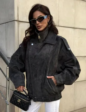 Бомбер оверсайз из замши Grey с двойным воротником и карманами