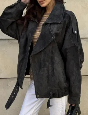 Бомбер оверсайз из замши Grey с двойным воротником и карманами