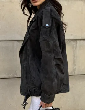 Бомбер оверсайз из замши Grey с двойным воротником и карманами